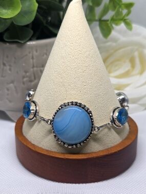 Silver-Tone Blue Agate Station Bracelet